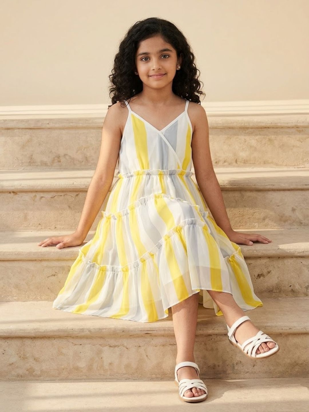Girls Multicolor Striped Sleeveless Asymmetric Dress (D-GREYYELLOWSTRIPE)