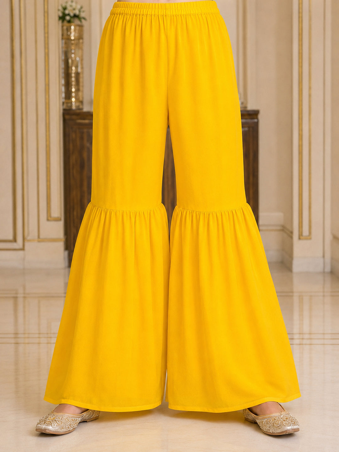 Pspeaches Girls Georgette Sleeveless Round Neck Embroidered Yellow Kurti & Sharara With Dupatta 3 Piece Set