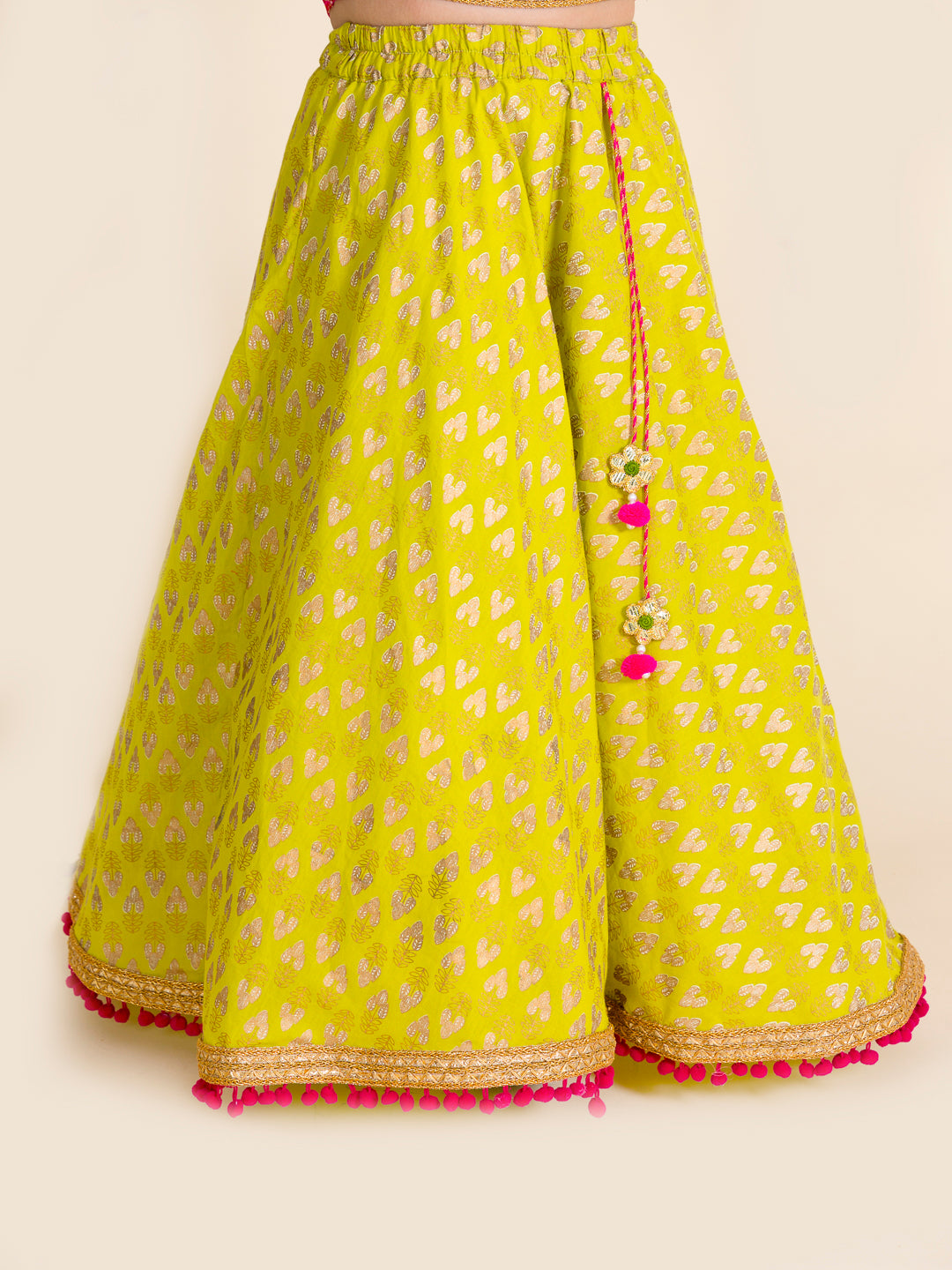 Girls Green & Pink Printed Ready to Wear Lehenga & Blouse With Dupatta (L-green foil)
