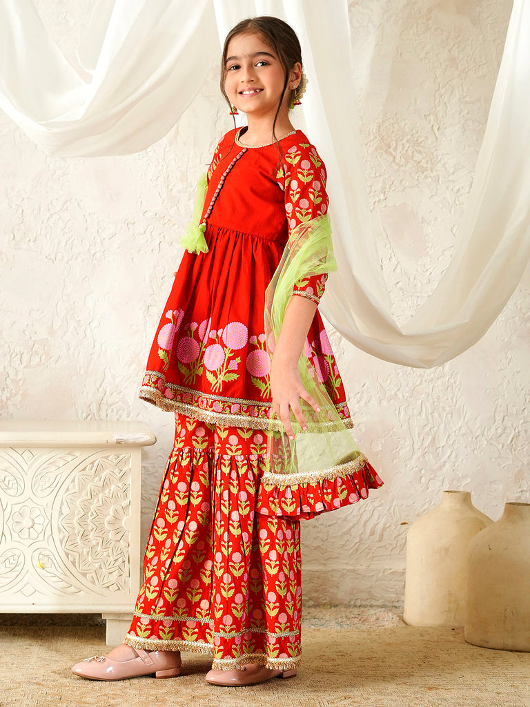 Pspeaches Girls Red Ethnic Booti Print Cotton A-Line Kurta & Sharara With Dupatta ( Sku-Sha-Redbooti )