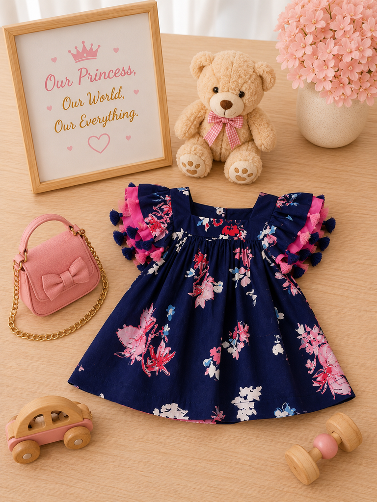 Pspeaches Baby Girl Navy Ethnic Floral Print Rayon A-Line Dress ( Sku-Ing-D-Navyfloraldress )