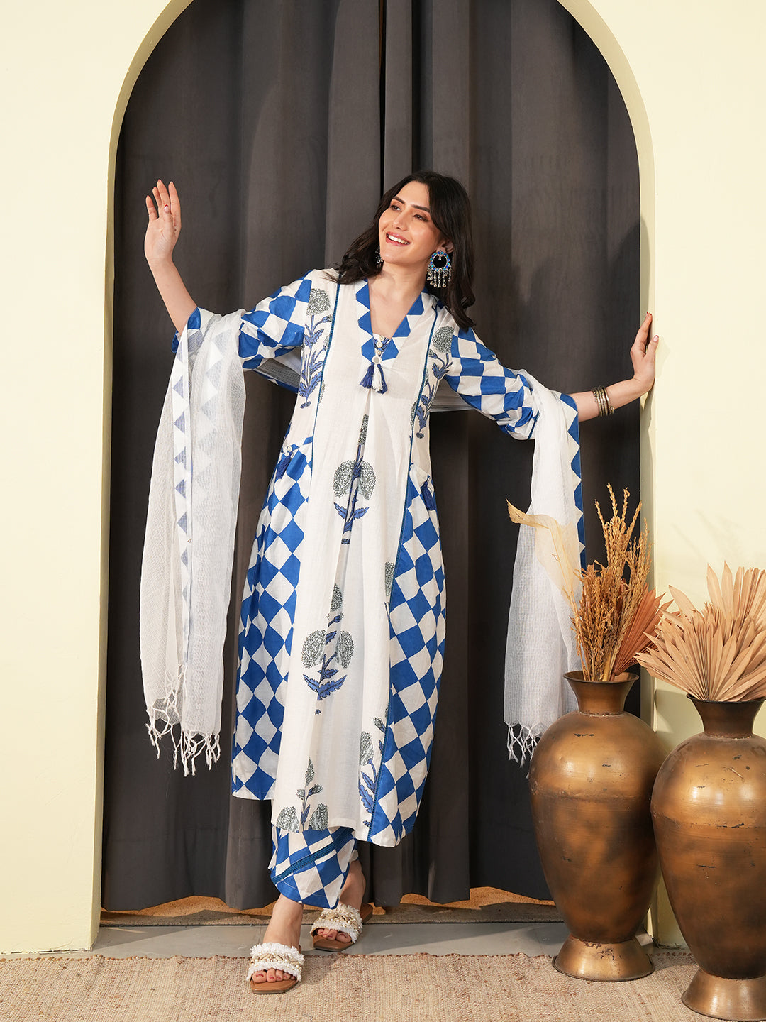Blue Check Lace Insert Kurta Set with Dupatta