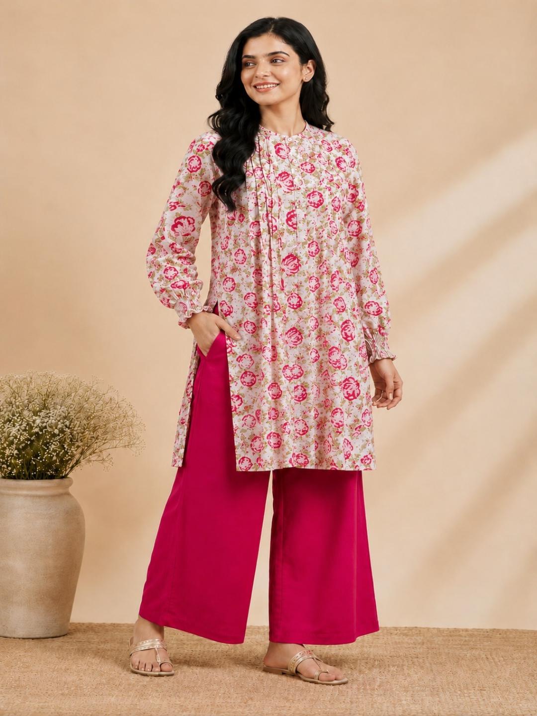 Pspeaches Women Cotton Full Sleeves Mandarin Collar Floral Print Kurta With Pant 2 Piece Set - White & Magenta