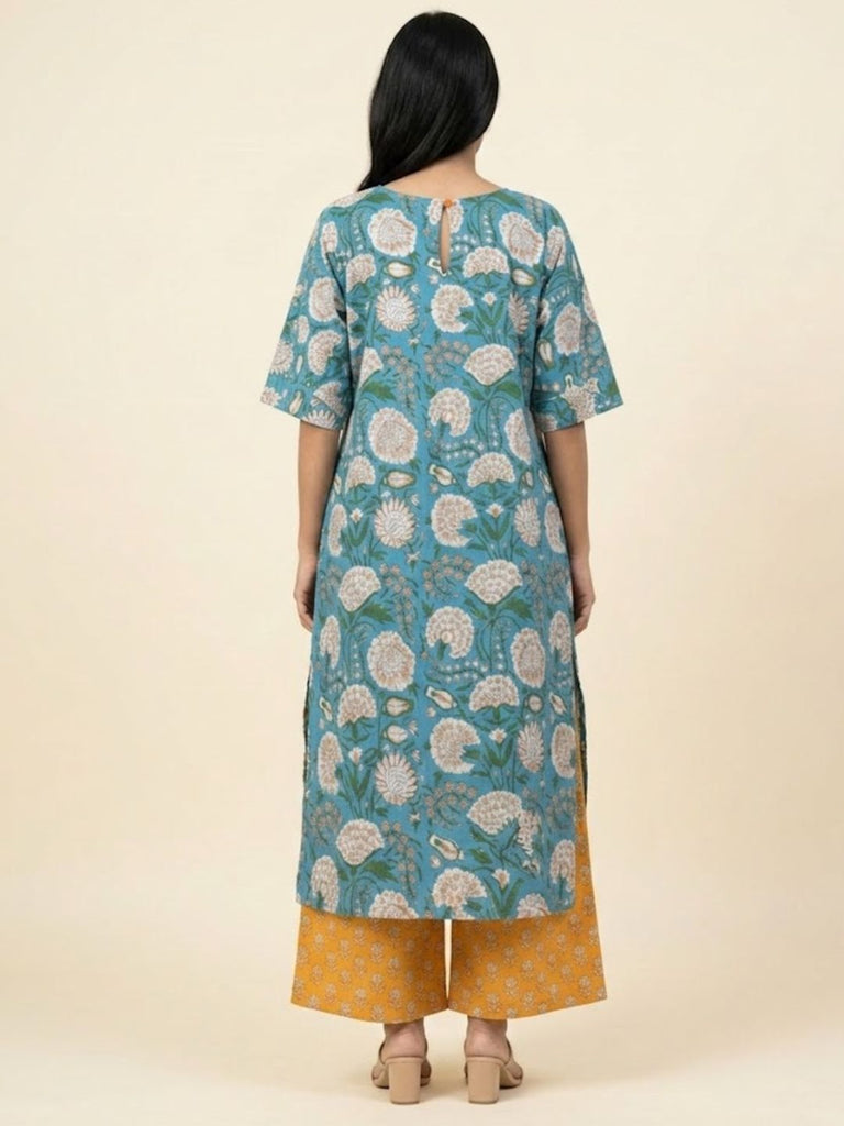 Pspeaches Women Cotton Half Sleeves V-Neck Floral Print Kurta With Pant 2 Piece Set - Blue & Orange