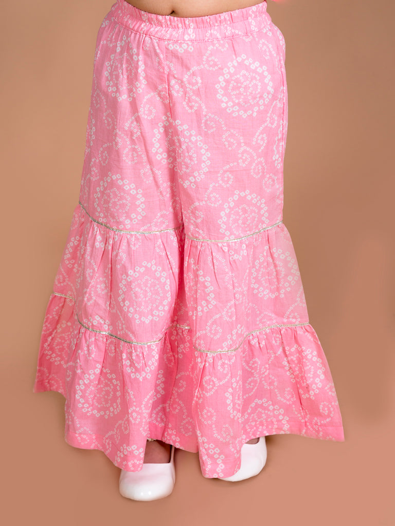 Pspeaches Girls Pink Floral Striped Empire Pure Cotton Kurti With Sharara (SHA-PIN BANDHNI)