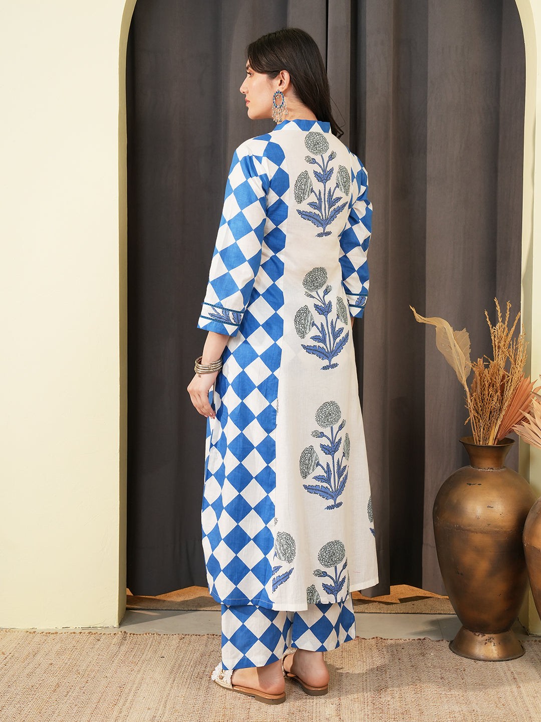 Blue Check Lace Insert Kurta Set