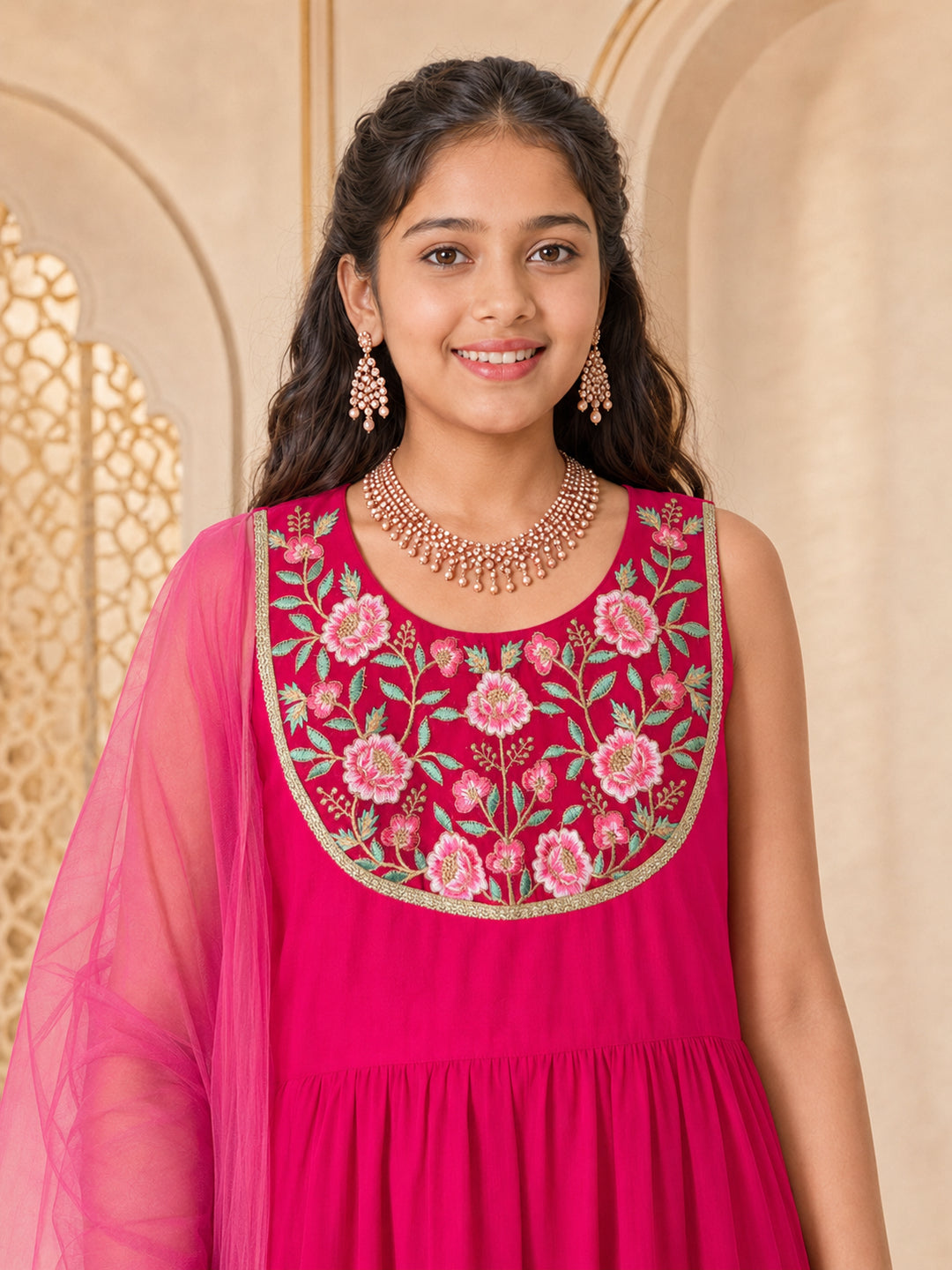 Pspeaches Girls Georgette Sleeveless Round Neck Embroidered Magenta Kurti & Sharara With Dupatta 3 Piece Set