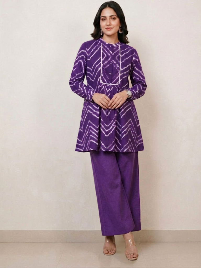 Pspeaches Women Cotton Full Sleeves Mandarin Collar Bandhani Print Kurta With Pant 2 Piece Set - Purple