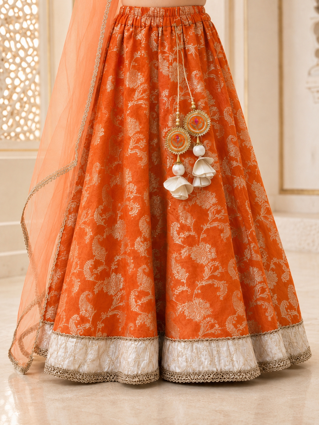 Girls Brocade Printed Fitted Lehenga Choli With Dupatta (L-FLORALORANGEBROCADE)