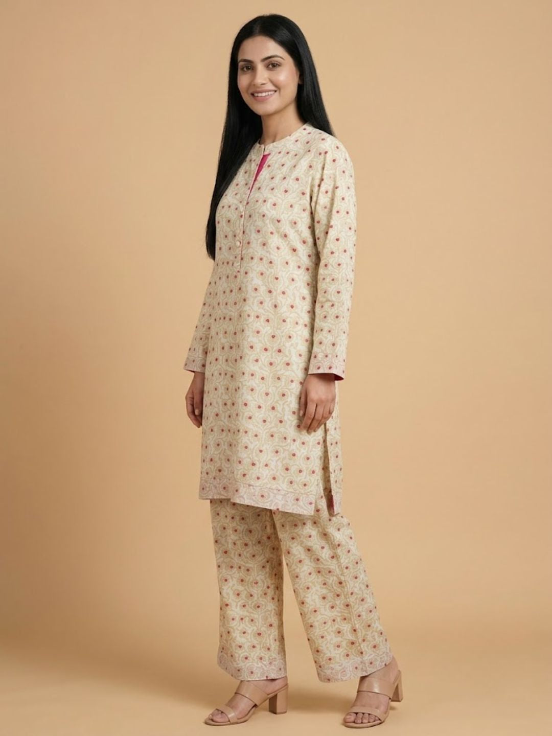 Pspeaches Women Cotton Full Sleeves Mandarin Collar Floral Print Kurta With Pant 2 Piece Set - Beige