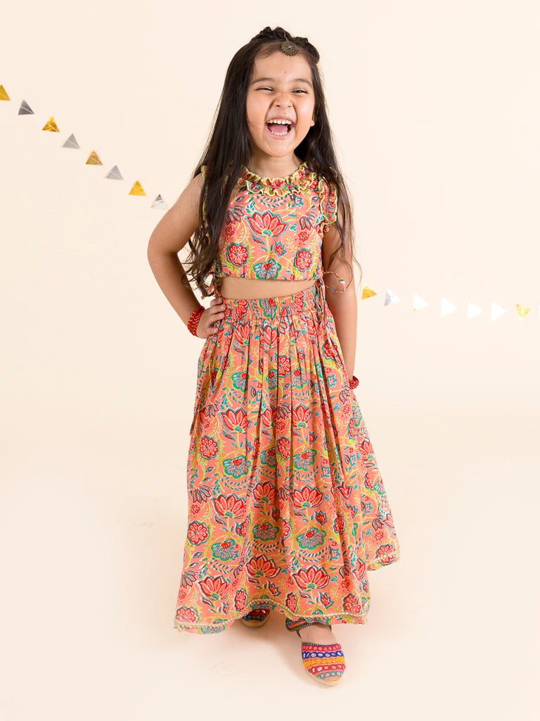 Pspeaches Girls Coral Floral Printed Cotton Flared Lehenga With Choli ( SKU-L-Coralfrill )