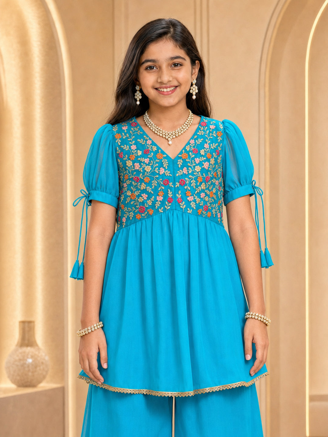 Pspeaches Girls Georgette Half Sleeves V-Neck Embroidered Turq Kurti & Palazzo 2 Piece Set