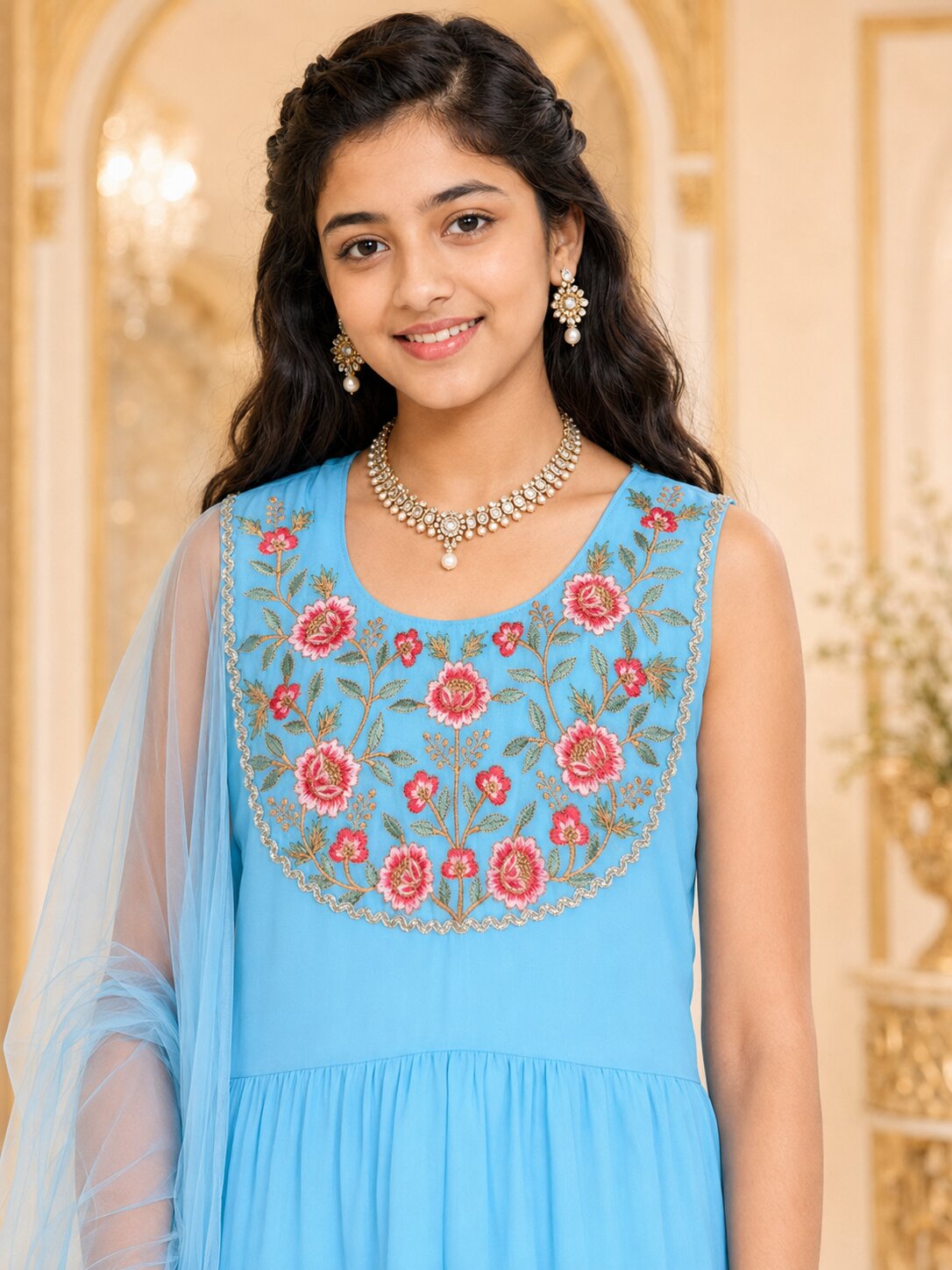 Pspeaches Girls Georgette Sleeveless Round Neck Embroidered Firozi Kurti & Sharara With Dupatta 3 Piece Set