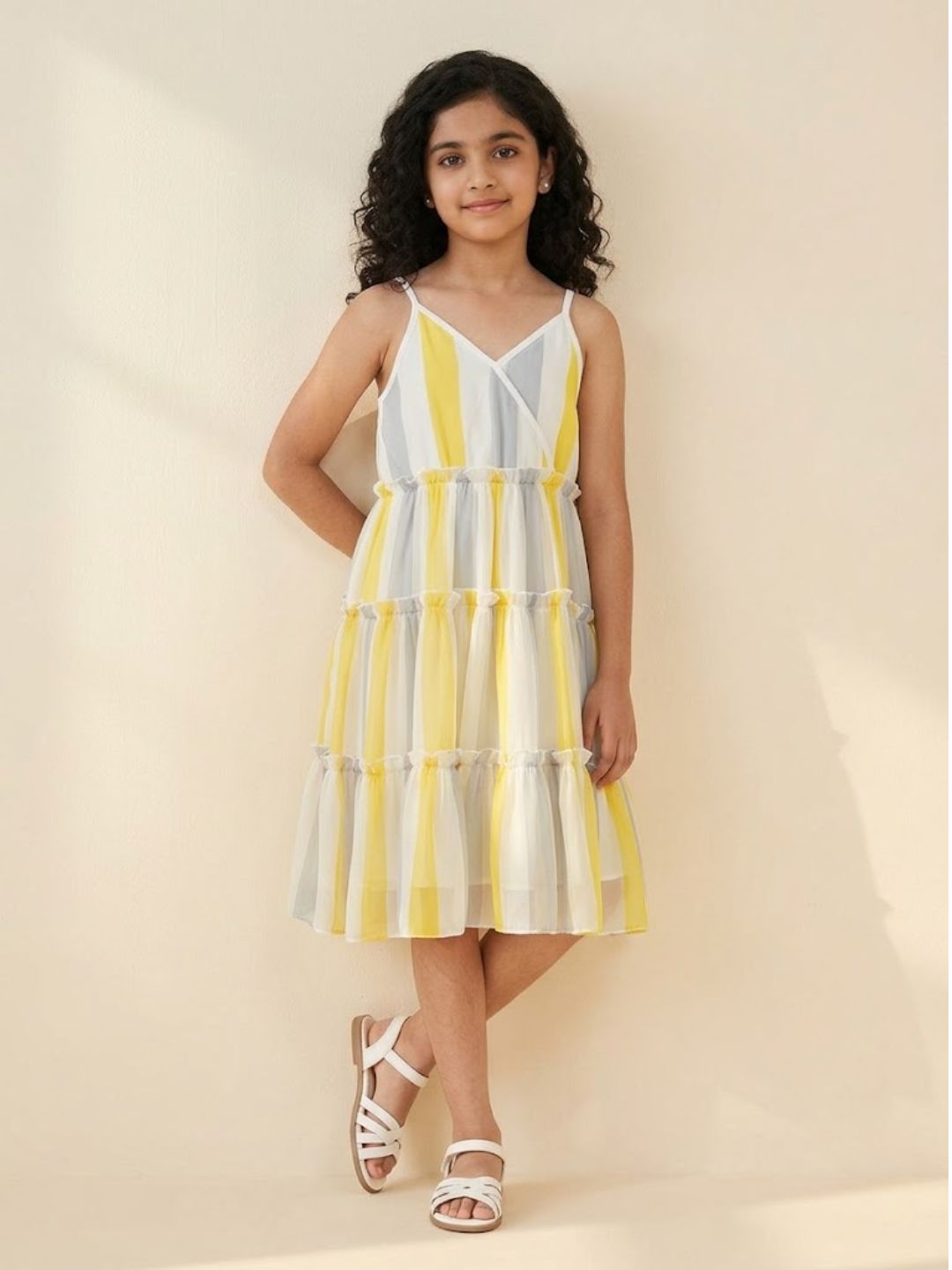 Girls Multicolor Striped Sleeveless Asymmetric Dress (D-GREYYELLOWSTRIPE)