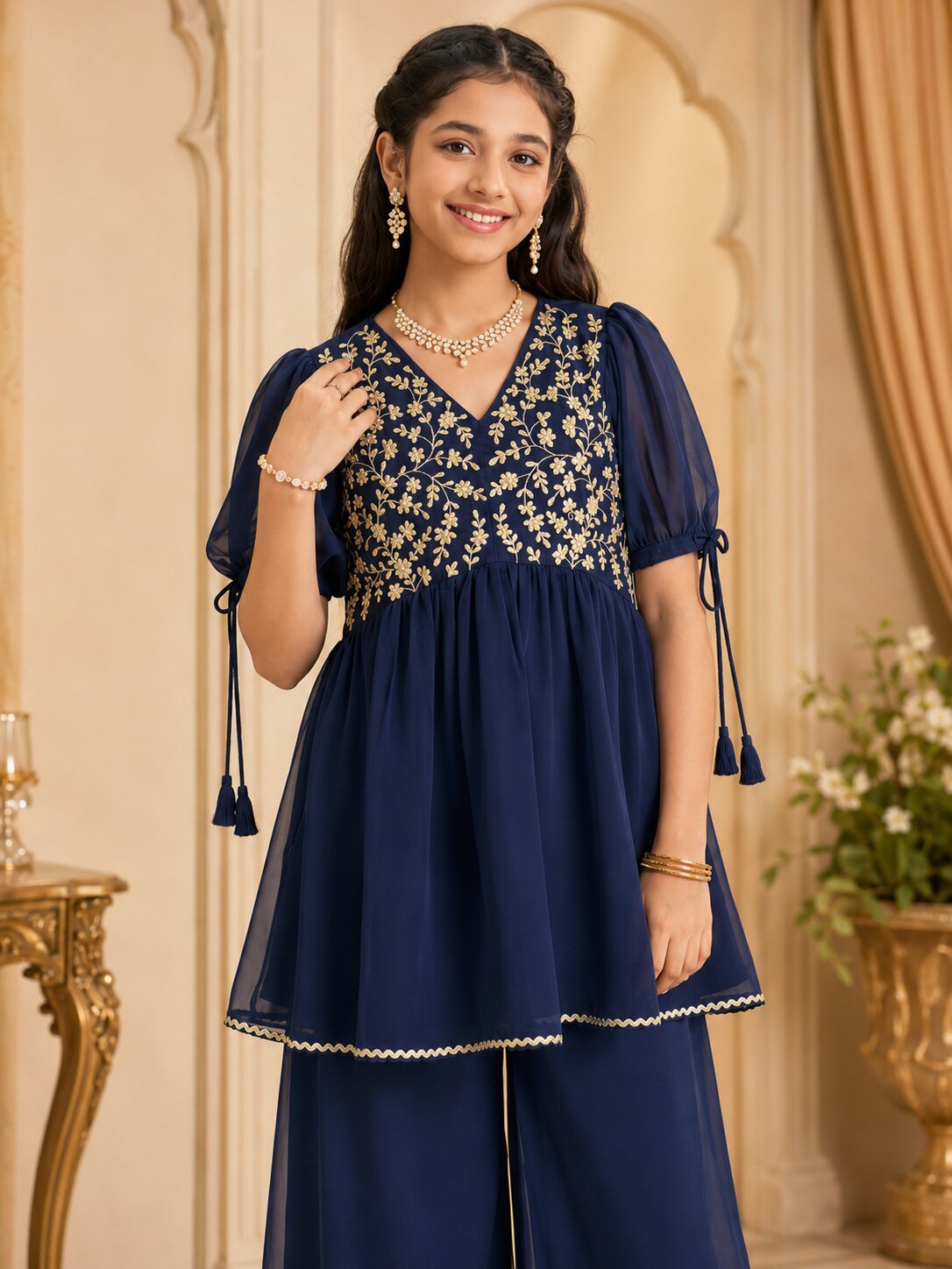 Pspeaches Girls Georgette Half Sleeves V-Neck Embroidered Teal Kurti & Palazzo 2 Piece Set