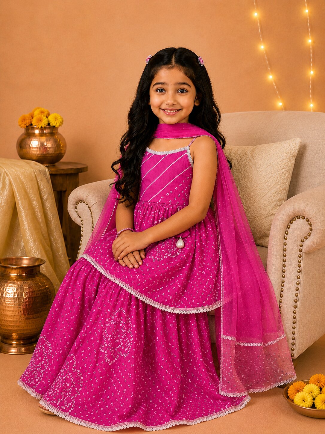 Pspeaches Girls Ethnic Magenta Bandhani Printed Cambric Asymmetric Kurta Sharara Set With Dupatta (Sku-Sha-Magentabandhni)