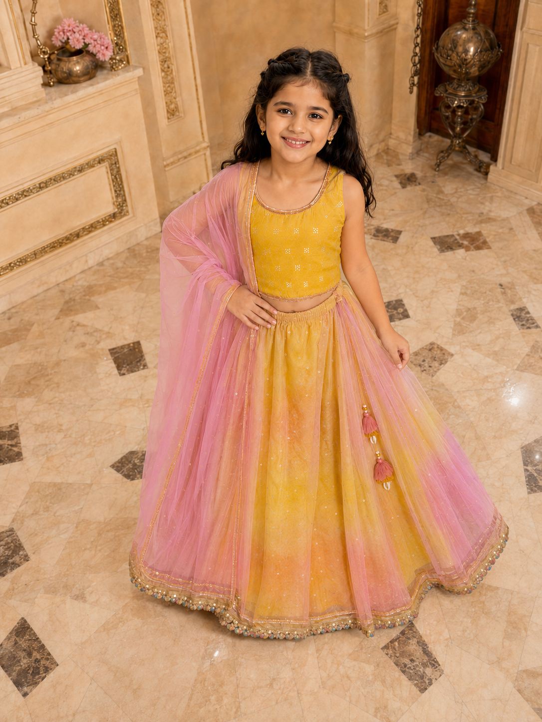 Girls Foil Net Fitted Lehenga Choli With Dupatta (L-YELLOWDUPION)