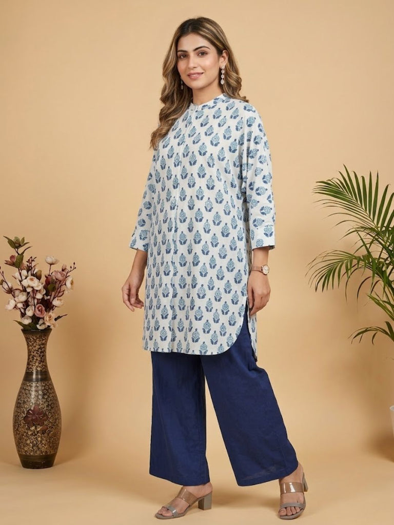 Pspeaches Women Cotton Full Sleeves Mandarin Collar Floral Print Kurta With Pant 2 Piece Set - White & Blue