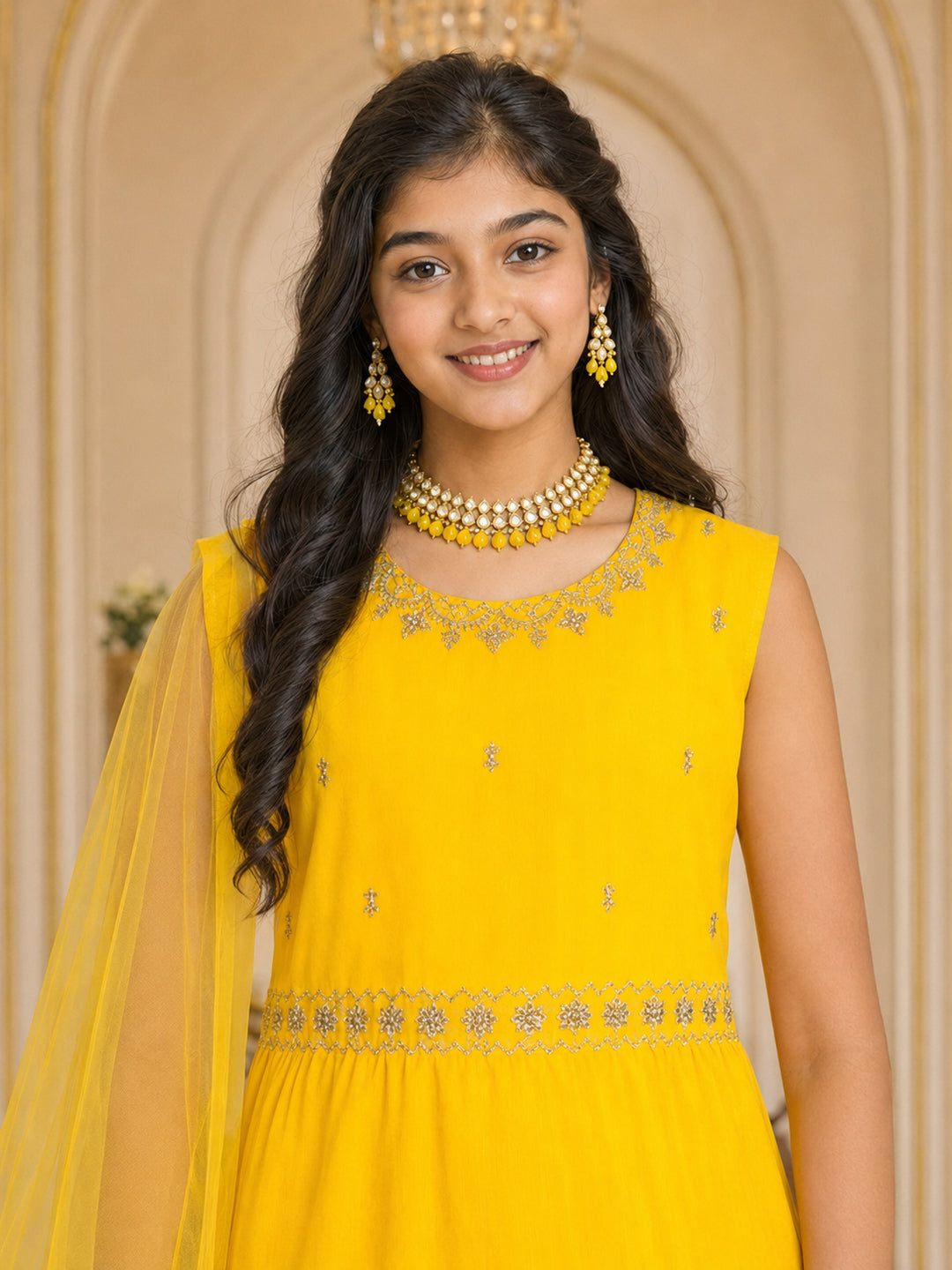 Pspeaches Girls Georgette Sleeveless Round Neck Embroidered Yellow Kurti & Sharara With Dupatta 3 Piece Set