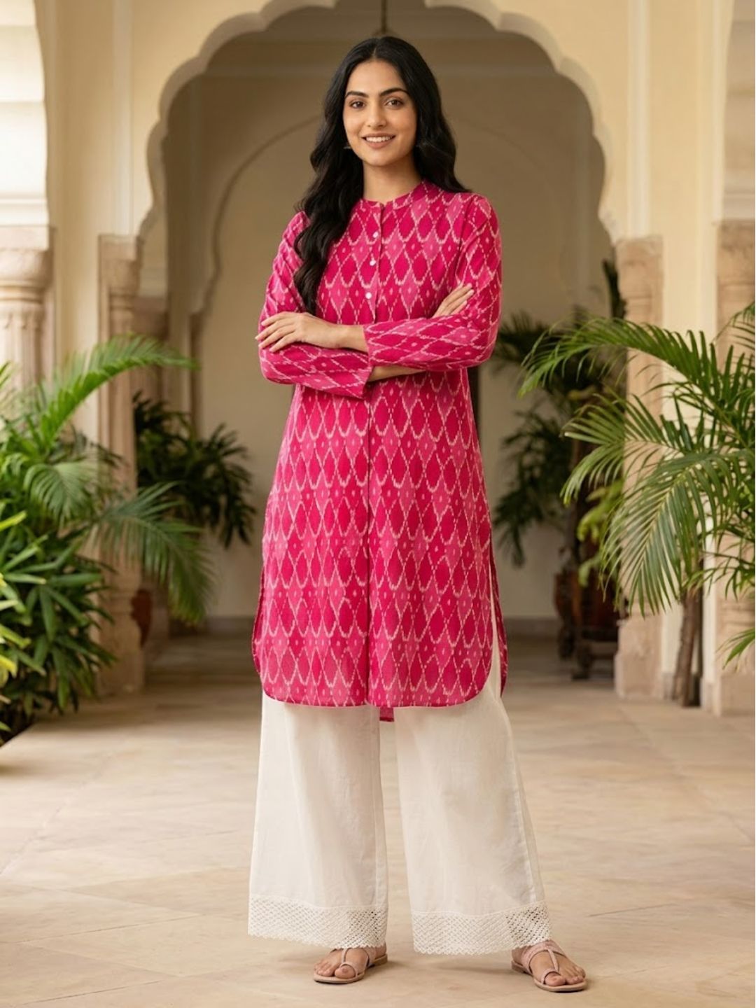 Pspeaches Women Cotton Full Sleeves Mandarin Collar Ikkat Print Kurta With Pant 2 Piece Set - Magenta &amp; White