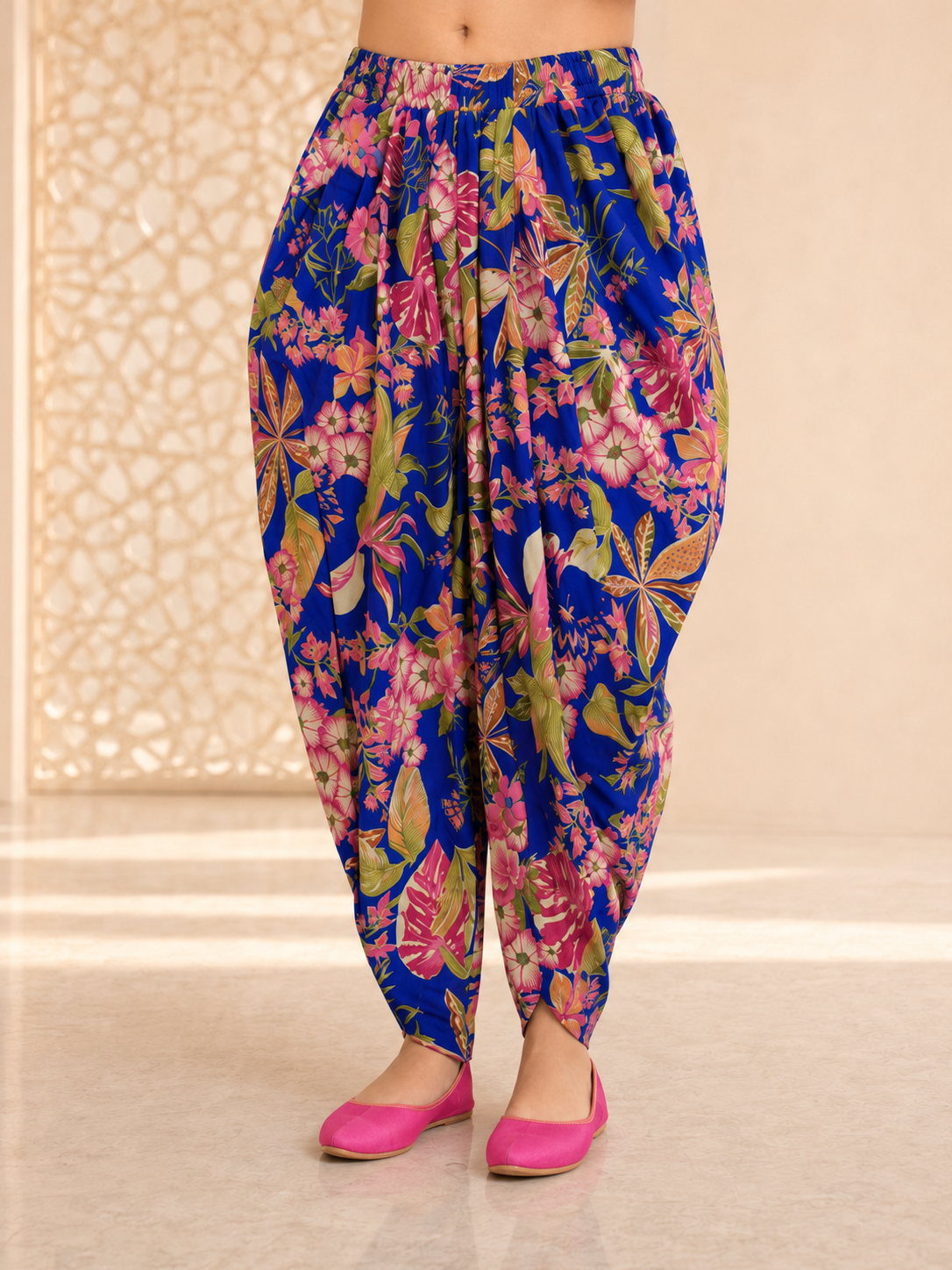 Girls Floral Printed Fitted Crop Top With Dhoti Pants (DH-BLUEPINKFLOWER)