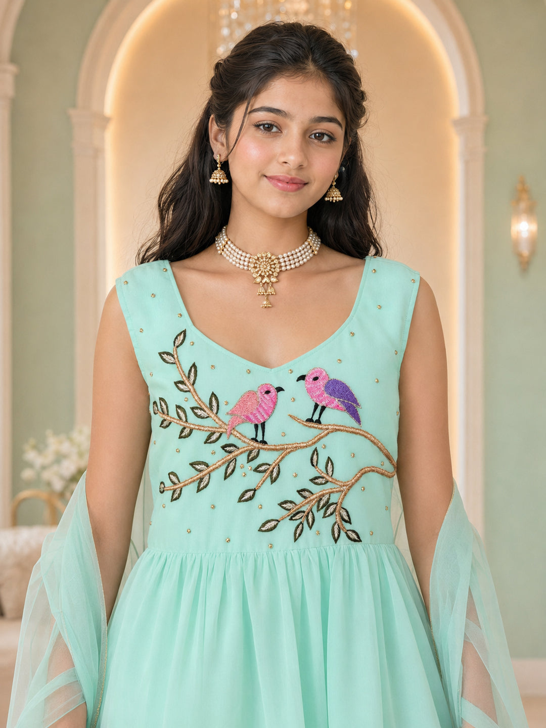 Pspeaches Girls Georgette Sleeveless Square Neck Embroidered Green Kurti & Palazzo With Dupatta 3 Piece Set