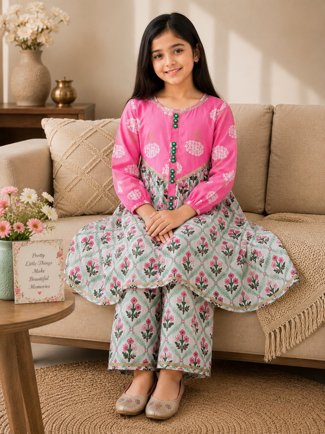Girls Floral Printed Loose Fit Patch Work Kurta With Pants (KS-OFFWHITEBOOTI)