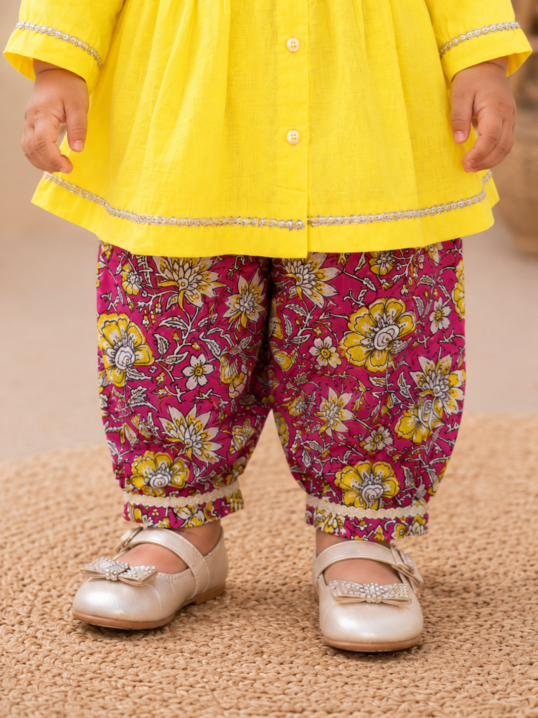Pspeaches Baby Girl Yellow Ethnic Floral Print Cotton Peplum Set Kurta With Pant ( Sku-Ing-Ks-Yellowpeplum )