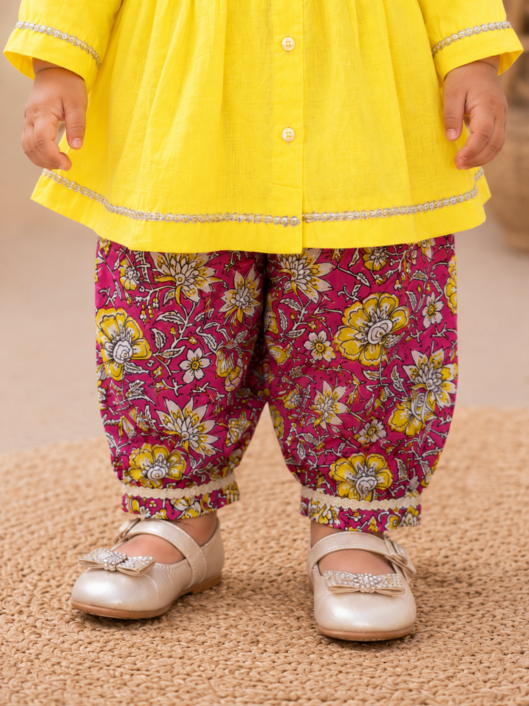 Pspeaches Baby Girl Yellow Ethnic Floral Print Cotton Peplum Set Kurta With Pant ( Sku-Ing-Ks-Yellowpeplum )