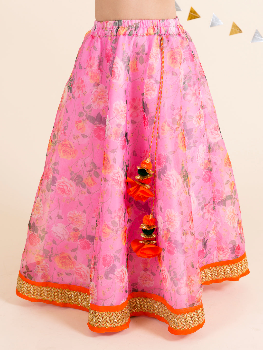 Girls Pink & Orange Printed Ready to Wear Lehenga & Blouse With Dupatta (L-pinkdigital)