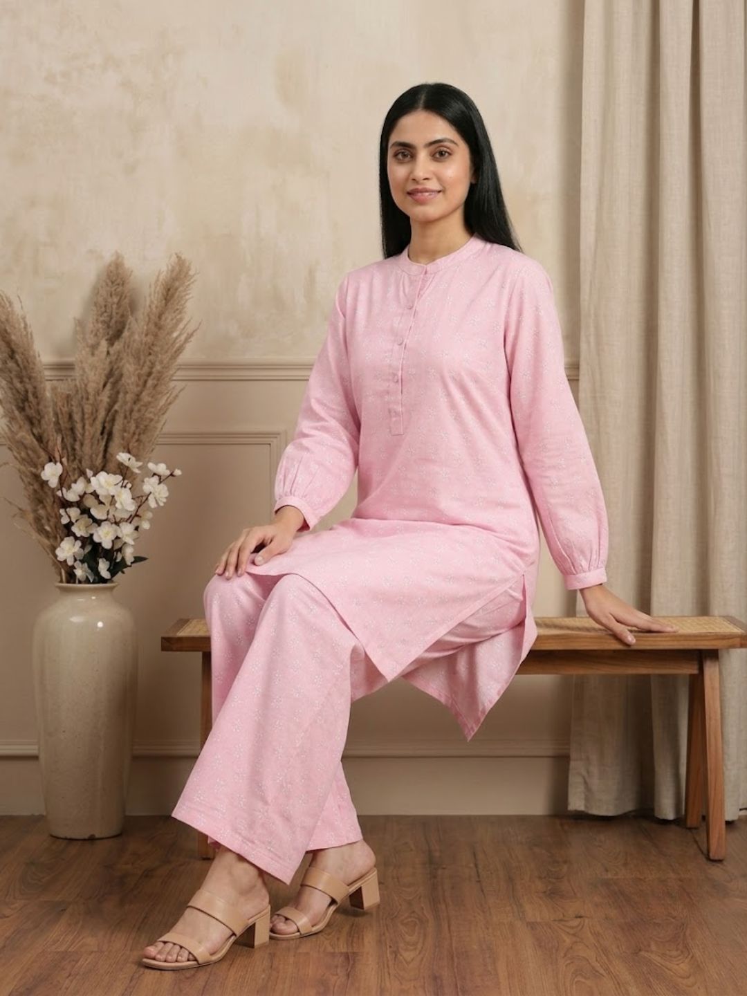 Pspeaches Women Cotton Full Sleeves Mandarin Collar Floral Print Kurta With Pant 2 Piece Set - Pink