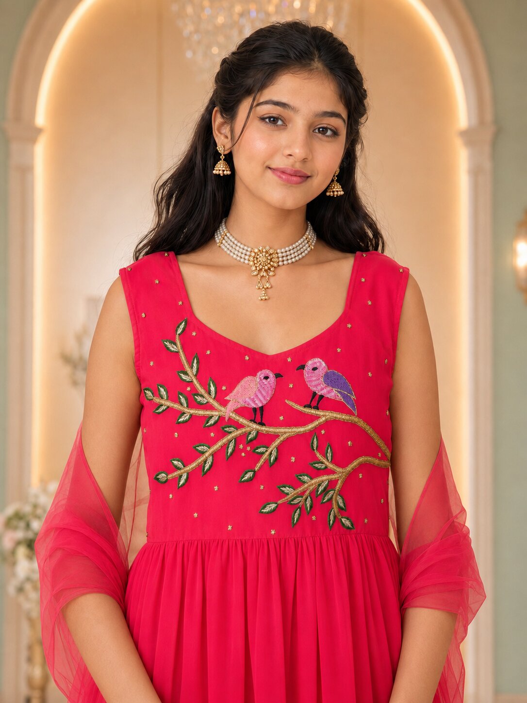 Pspeaches Girls Georgette Sleeveless Square Neck Embroidered Coral Red Kurti & Palazzo With Dupatta 3 Piece Set