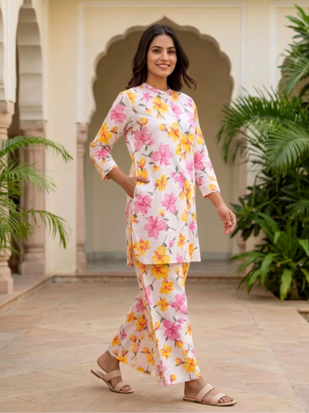 Pspeaches Women Cotton Full Sleeves Mandarin Collar Floral Print Kurta With Pant 2 Piece Set - Offwhite