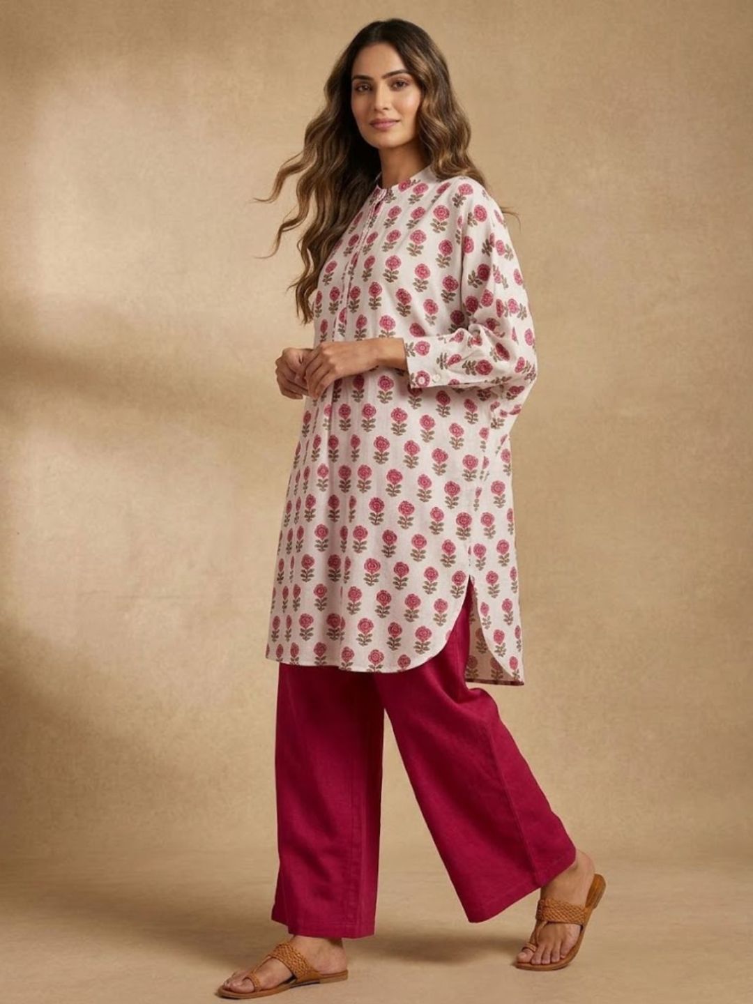 Pspeaches Women Cotton Full Sleeves Mandarin Collar Floral Print Kurta With Pant 2 Piece Set - White & Maroon