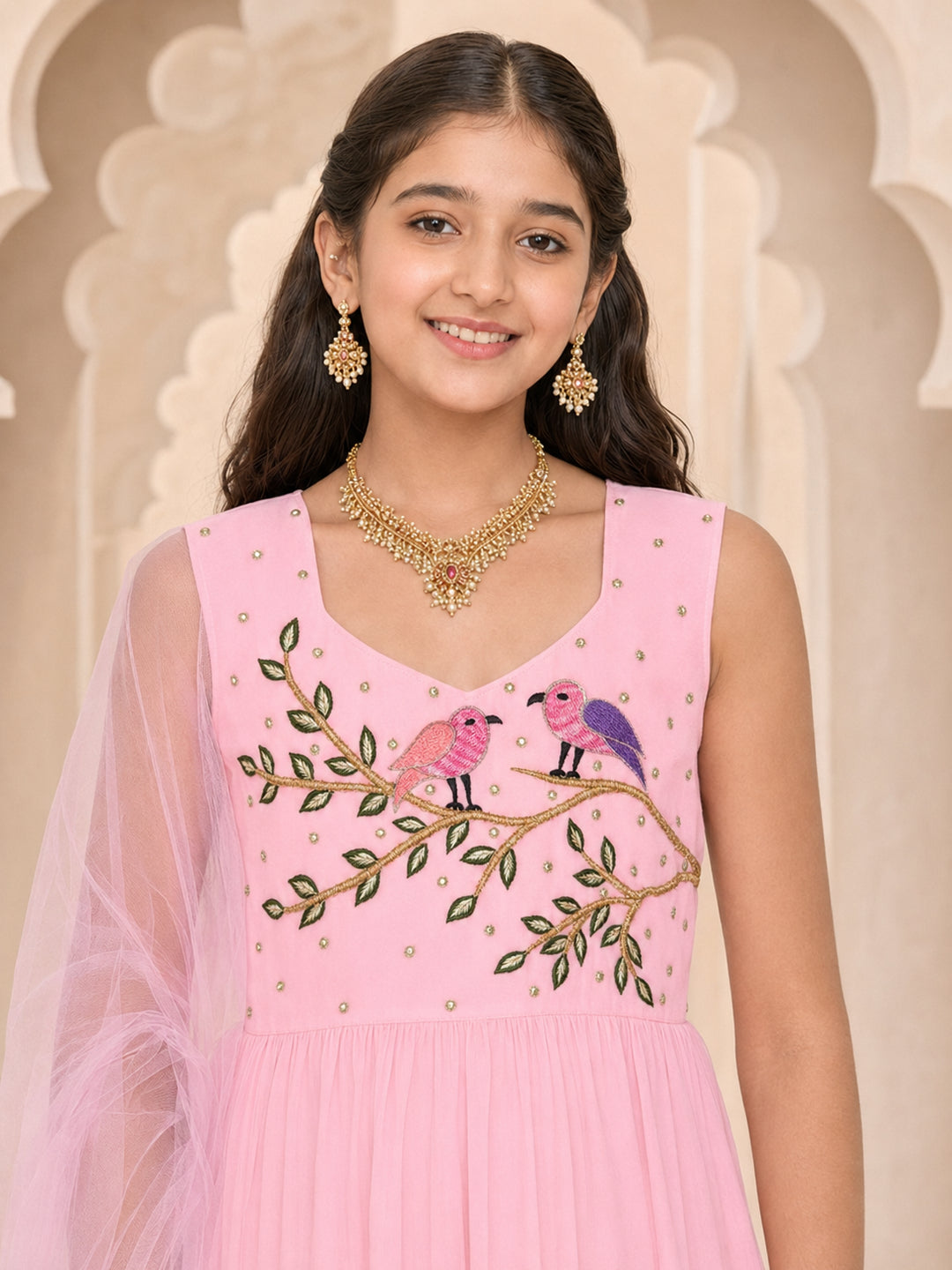 Pspeaches Girls Georgette Sleeveless Square Neck Embroidered Pink Kurti & Palazzo With Dupatta 3 Piece Set