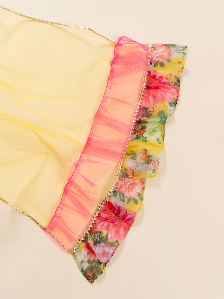 Pspeaches Girls Yellow Pink Embroidered Ready To Wear Lehenga Blouse With Dupatta (L-YELLOW FLORAL GGT)