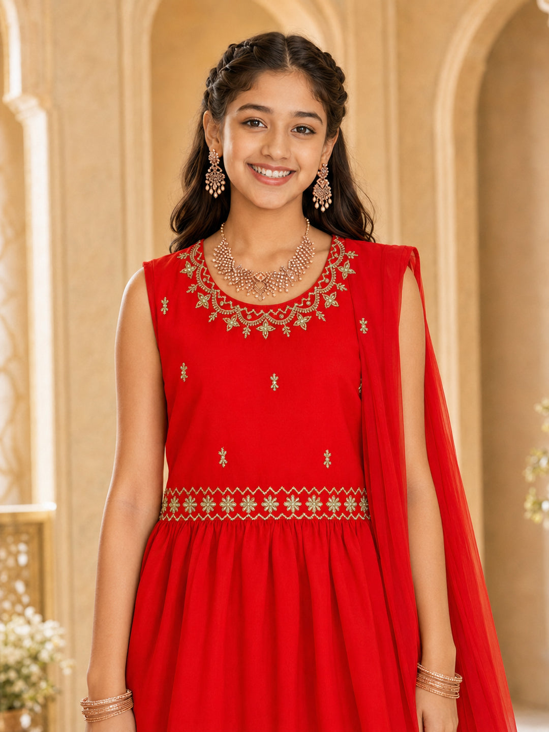 Pspeaches Girls Georgette Sleeveless Round Neck Embroidered Red Kurti & Sharara With Dupatta 3 Piece Set
