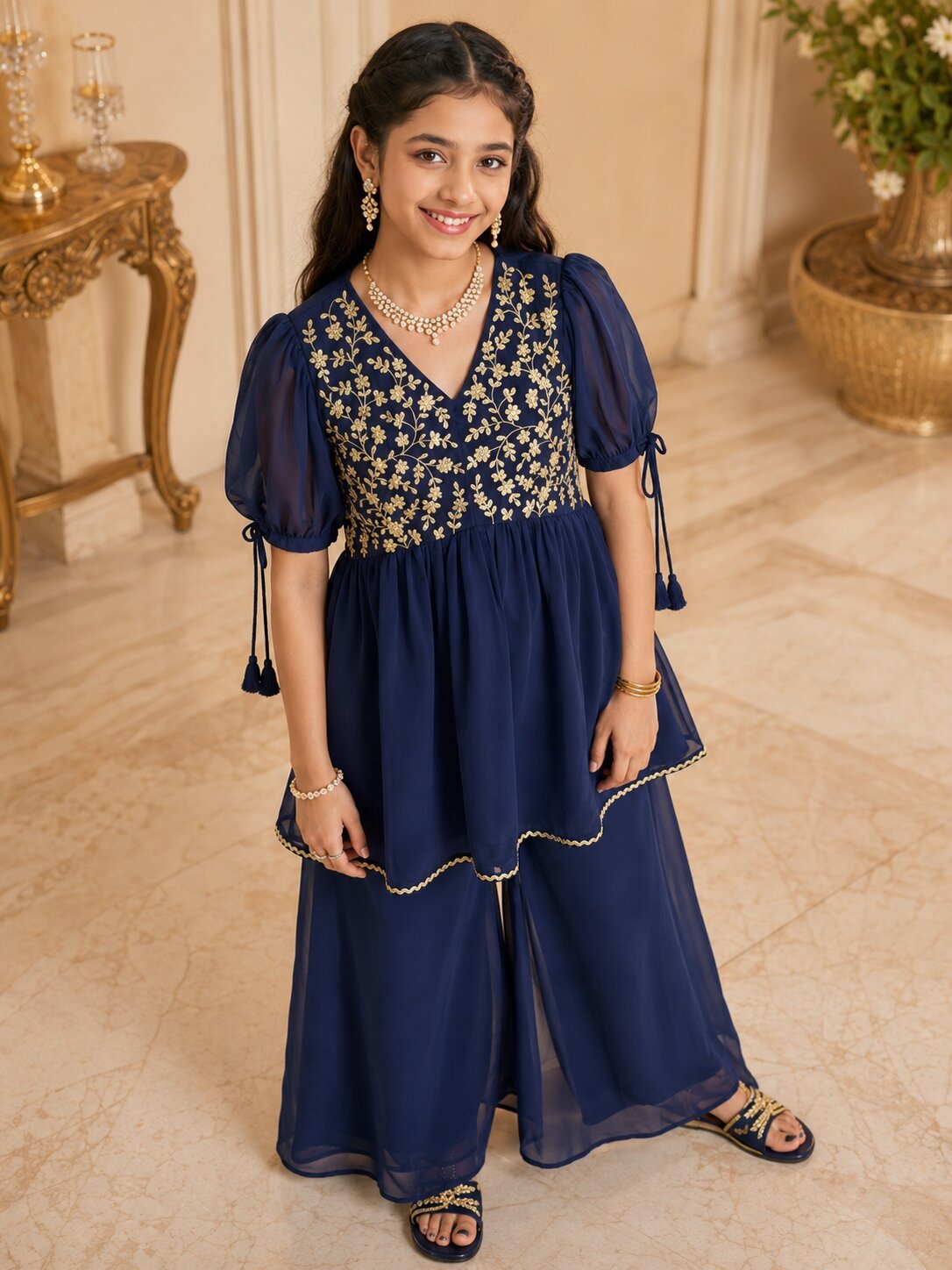 Pspeaches Girls Georgette Half Sleeves V-Neck Embroidered Teal Kurti & Palazzo 2 Piece Set