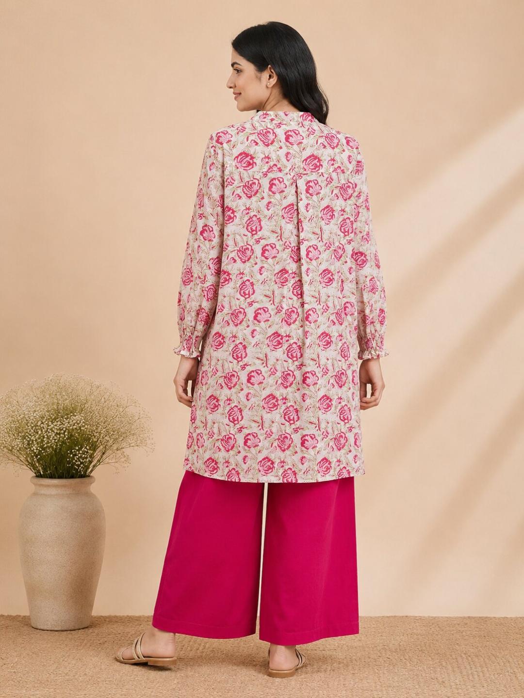 Pspeaches Women Cotton Full Sleeves Mandarin Collar Floral Print Kurta With Pant 2 Piece Set - White & Magenta