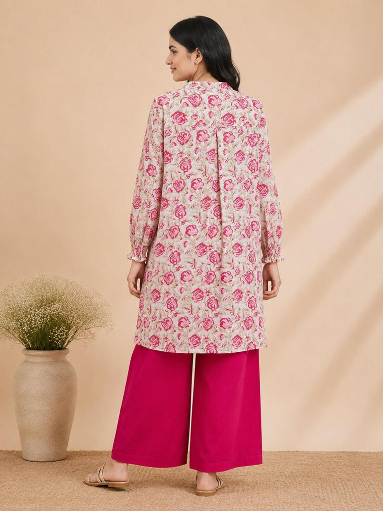 Pspeaches Women Cotton Full Sleeves Mandarin Collar Floral Print Kurta With Pant 2 Piece Set - White & Magenta