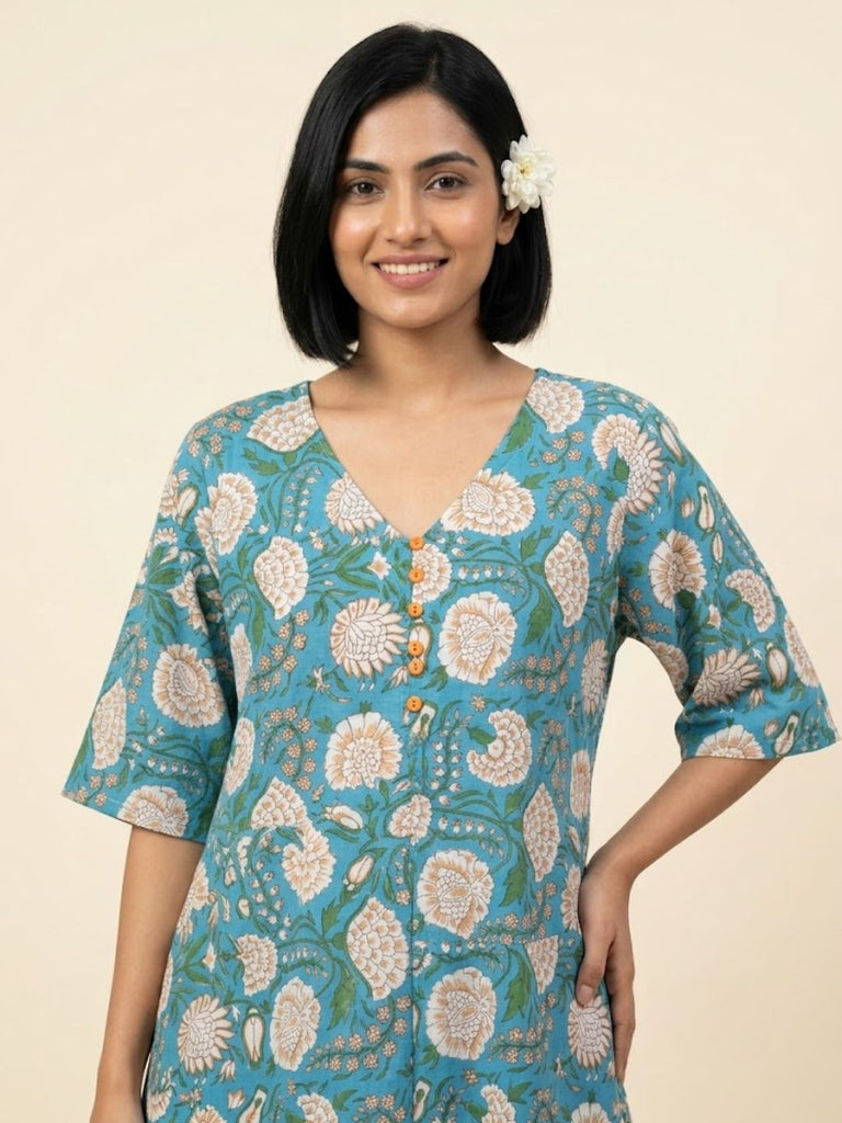 Pspeaches Women Cotton Half Sleeves V-Neck Floral Print Kurta With Pant 2 Piece Set - Blue & Orange