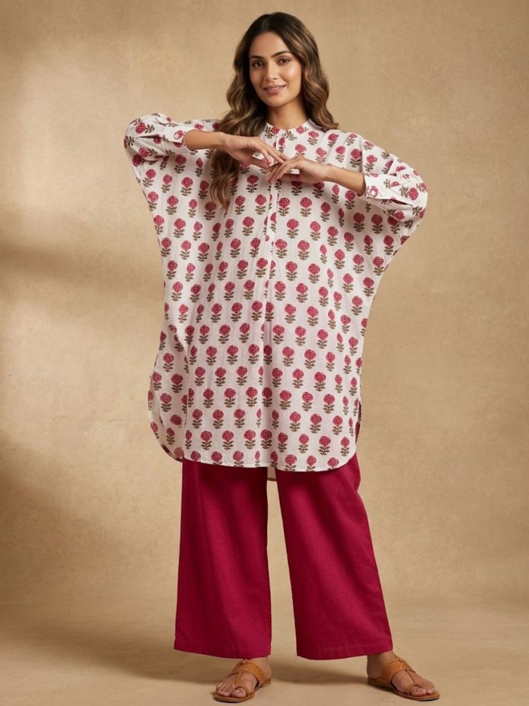 Pspeaches Women Cotton Full Sleeves Mandarin Collar Floral Print Kurta With Pant 2 Piece Set - White & Maroon