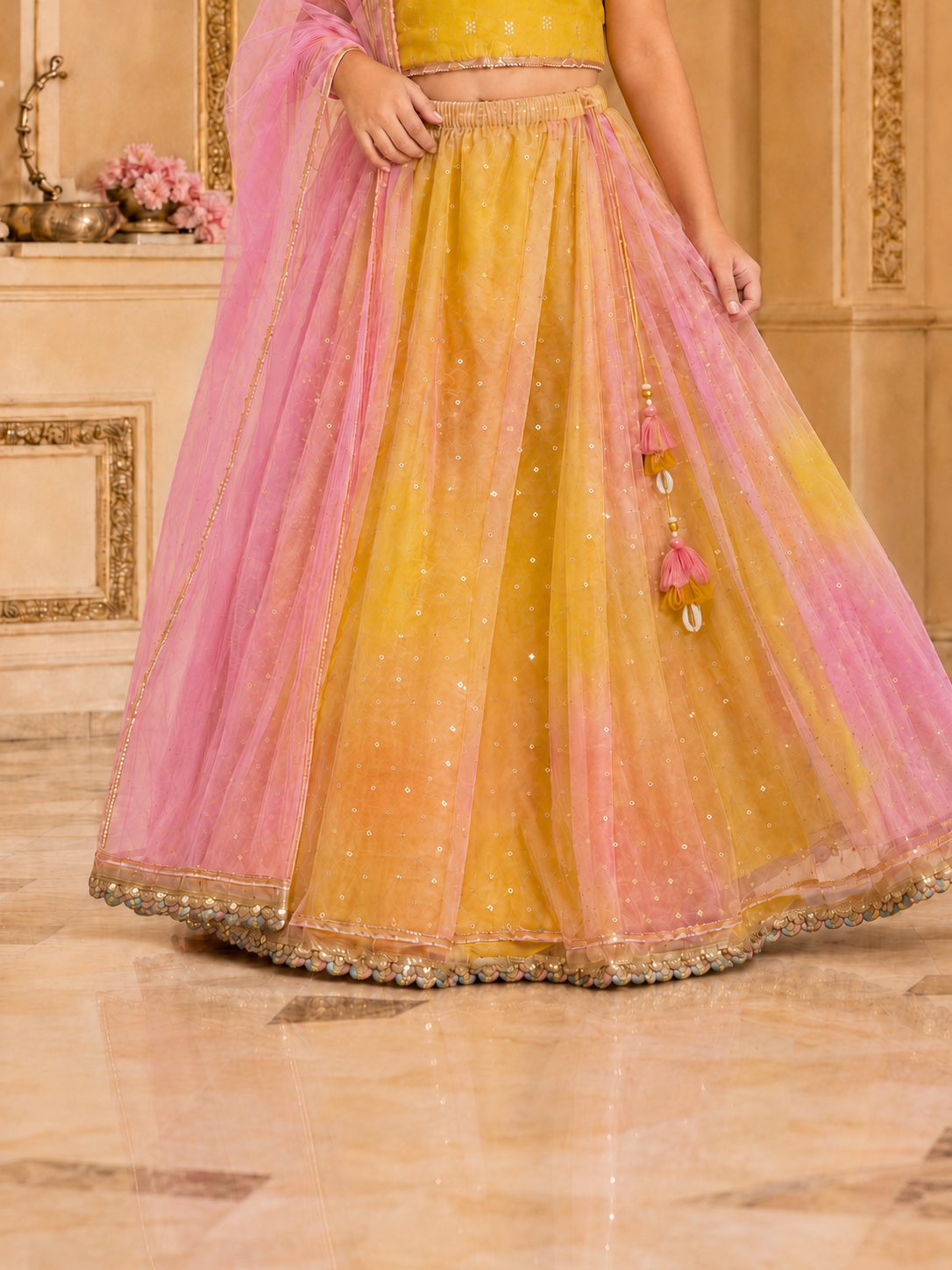 Girls Foil Net Fitted Lehenga Choli With Dupatta (L-YELLOWDUPION)