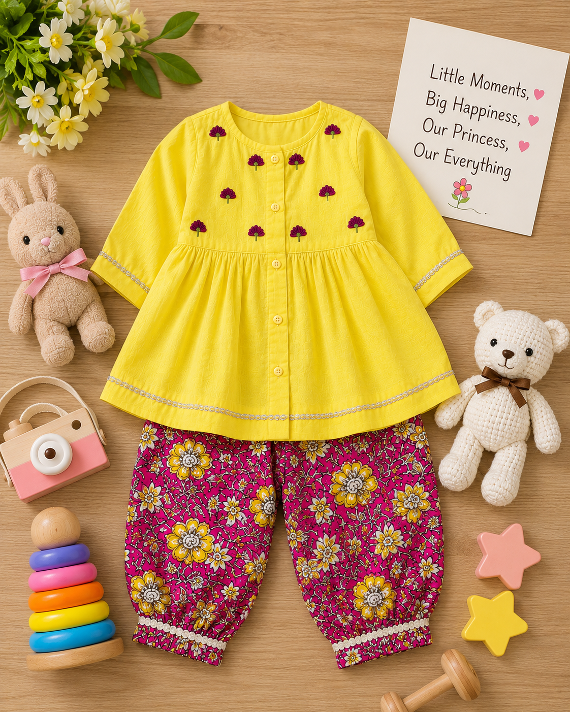 Pspeaches Baby Girl Yellow Ethnic Floral Print Cotton Peplum Set Kurta With Pant ( Sku-Ing-Ks-Yellowpeplum )