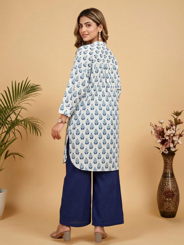 Pspeaches Women Cotton Full Sleeves Mandarin Collar Floral Print Kurta With Pant 2 Piece Set - White & Blue