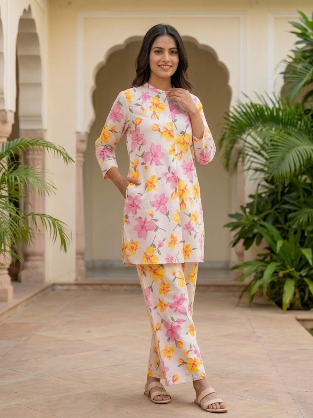 Pspeaches Women Cotton Full Sleeves Mandarin Collar Floral Print Kurta With Pant 2 Piece Set - Offwhite