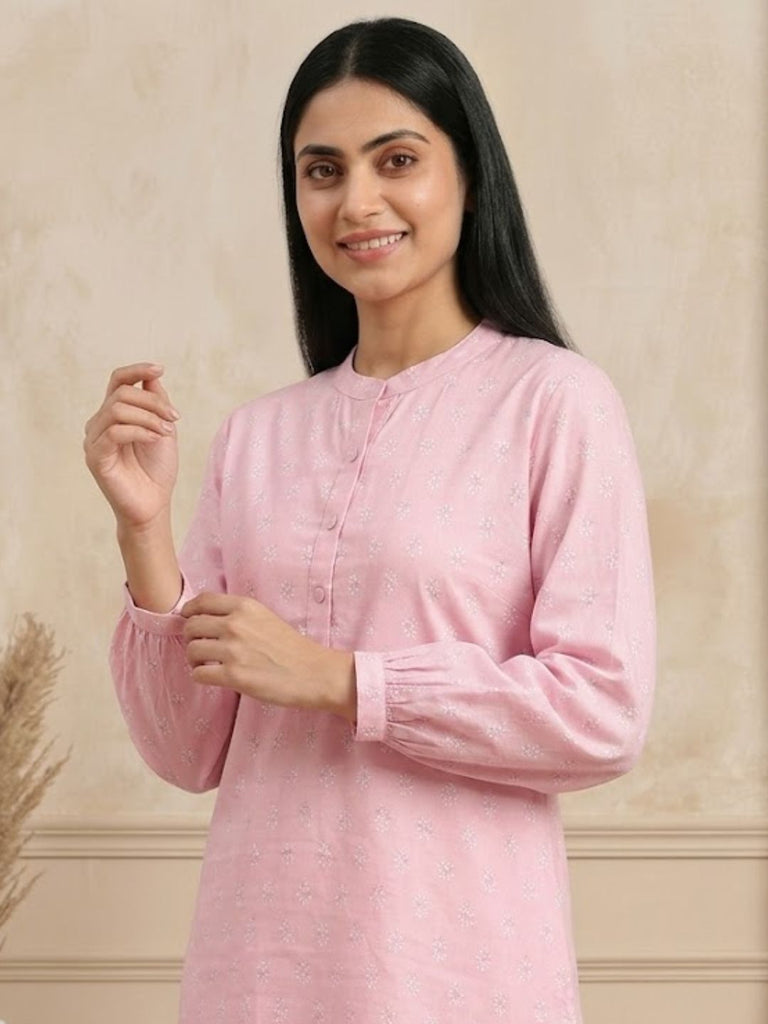 Pspeaches Women Cotton Full Sleeves Mandarin Collar Floral Print Kurta With Pant 2 Piece Set - Pink