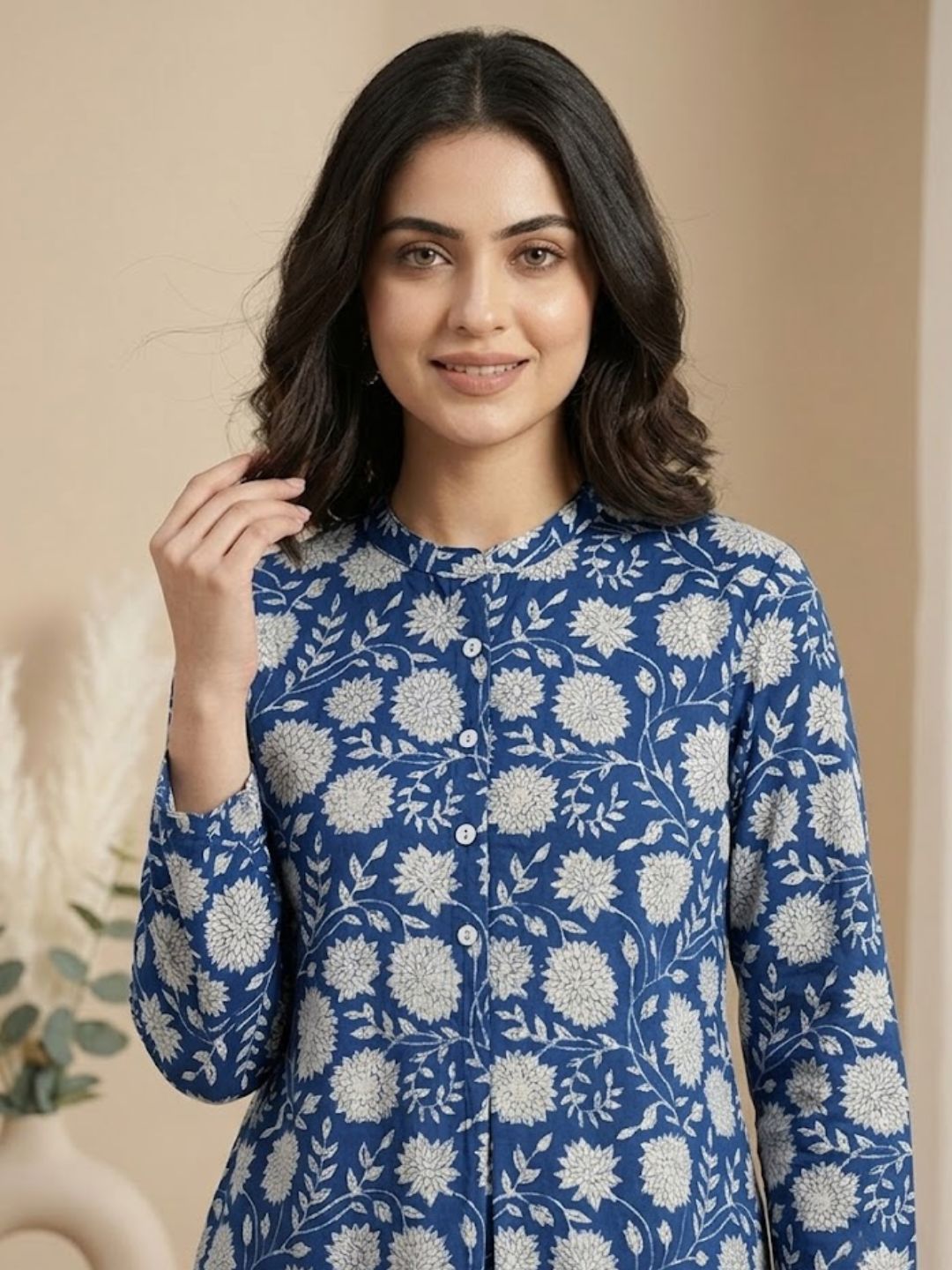 Pspeaches Women Cotton 3/4Th Sleeves Mandarin Collar Floral Print Kurta With Pant 2 Piece Set - Blue & White