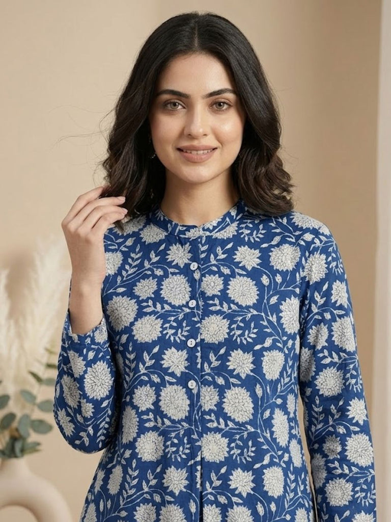 Pspeaches Women Cotton 3/4Th Sleeves Mandarin Collar Floral Print Kurta With Pant 2 Piece Set - Blue & White