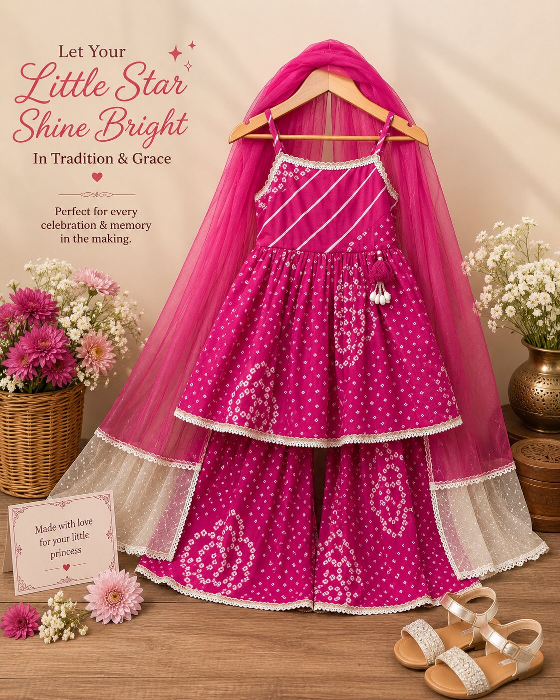 Pspeaches Girls Ethnic Magenta Bandhani Printed Cambric Asymmetric Kurta Sharara Set With Dupatta (Sku-Sha-Magentabandhni)